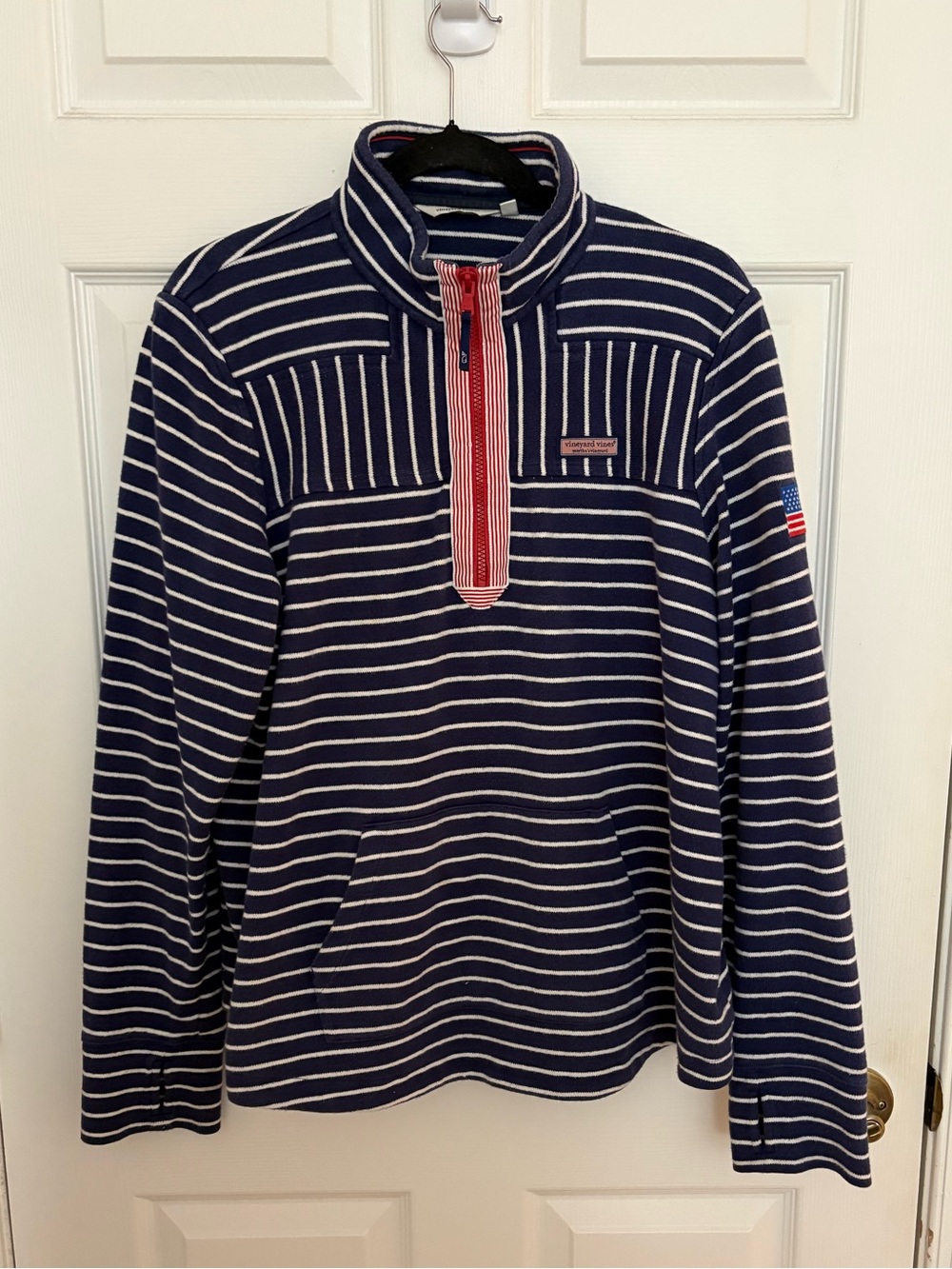 Vineyard Vines Navy and White Striped Pullover with Red Trim